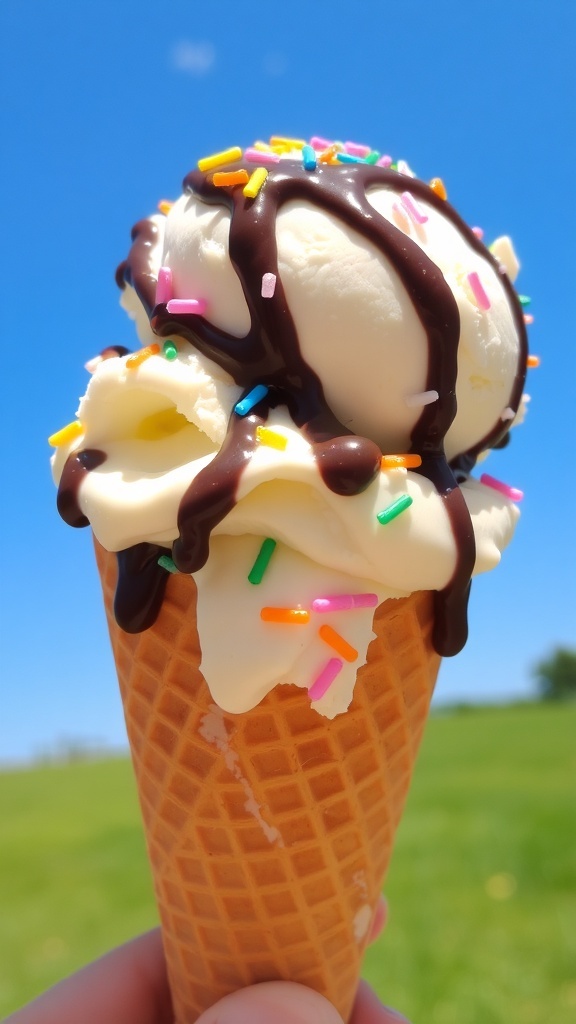 A delicious scoop of vanilla ice cream in a cone with chocolate sauce and sprinkles.